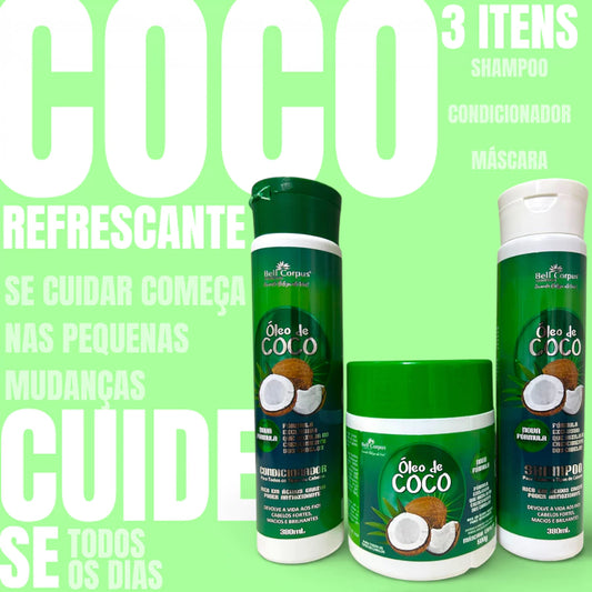 Kit Tratamento Shampoo e Condicionador Máscara Capilar Óleo de Coco 3 Itens Hidratação - BellCorpus